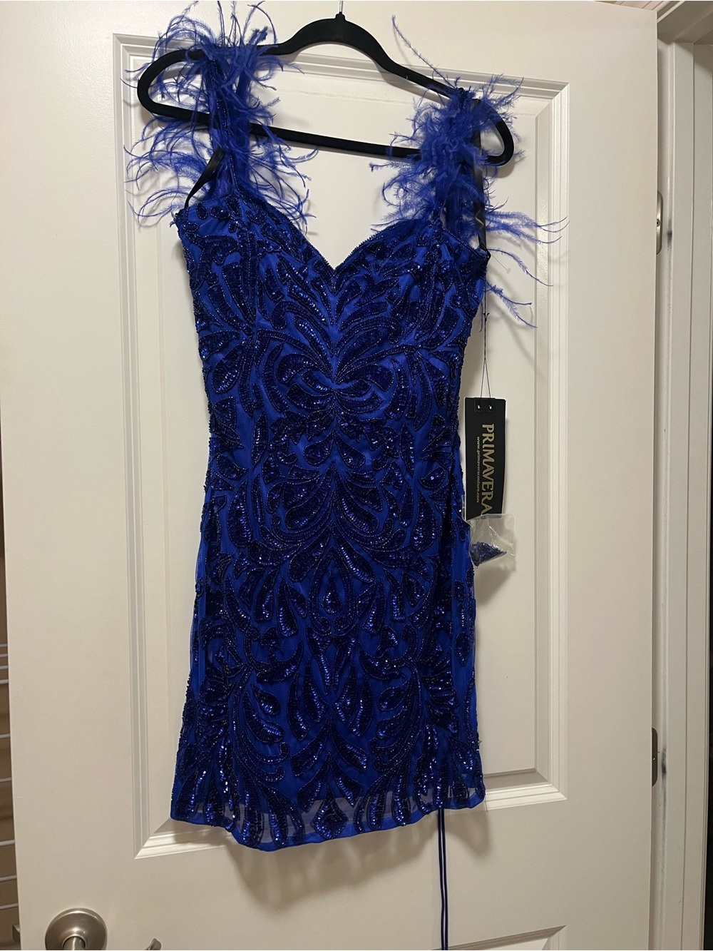 Primavera Couture Royal Blue Beaded Feather Strap Mini Dress